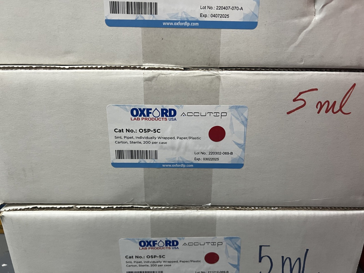 (200/Cs) OXFORD 5mL Graduated TD Serological Pipets Individual Wrap OSP-5C