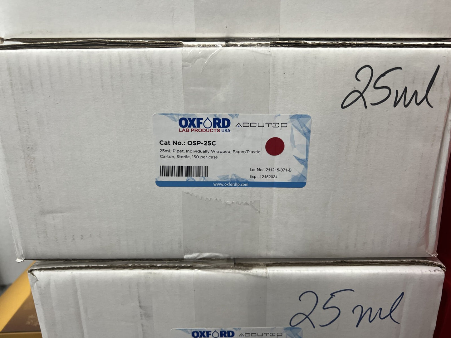 (150/Cs) OXFORD 25mL Graduated TD Serological Pipets Individual Wrap OSP-25C - Labnob