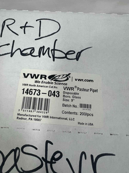 200/Box VWR 14673-043 Disposable Pasteur Pipet 9"