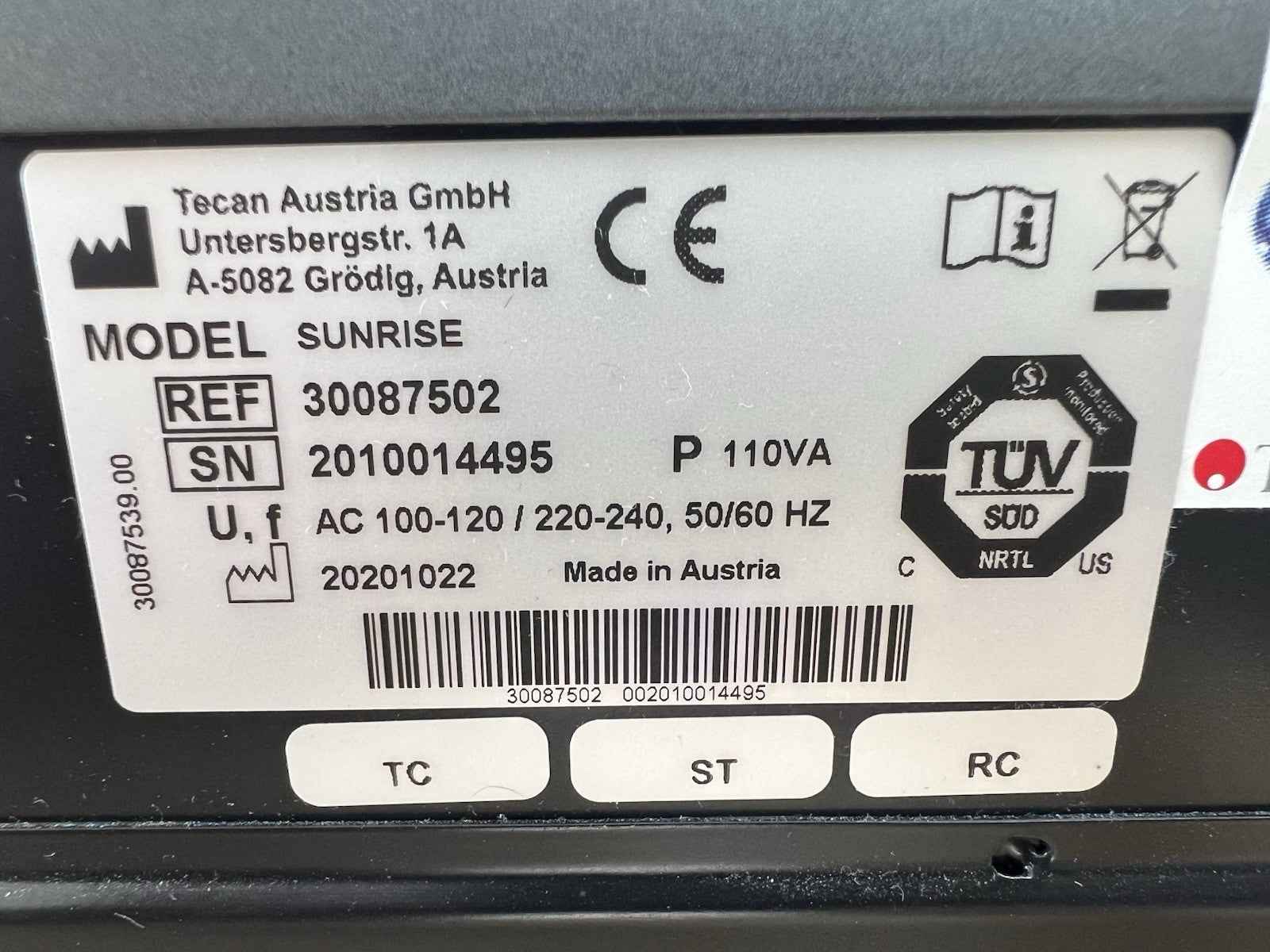 Tecan Sunrise Microplate Reader 30087502 Manu 2020-10, Tested From Lab
