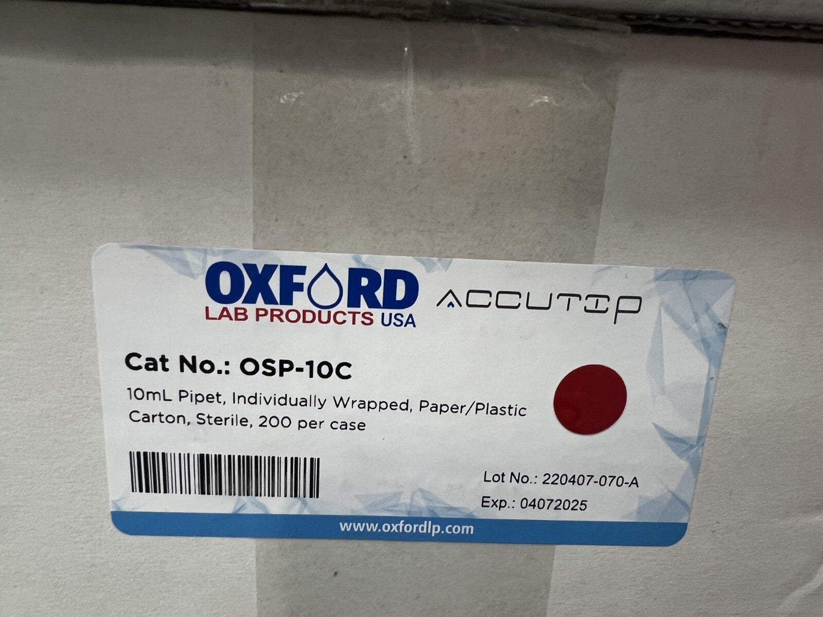 (200/Cs) OXFORD 10mL Graduated TD Serological Pipets Individual Wrap OSP-10C