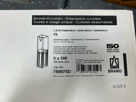 (500/Cs) BRAND TECH 1.5mL Disposable Polystyrene Semi-Micro Cuvettes 759075D - Labnob