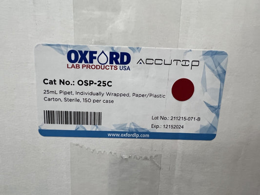 (150/Cs) OXFORD 25mL Graduated TD Serological Pipets Individual Wrap OSP-25C