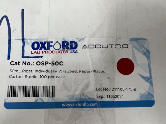 (100/Cs) OXFORD 50mL Graduated TD Serological Pipets Individual Wrap OSP-50C