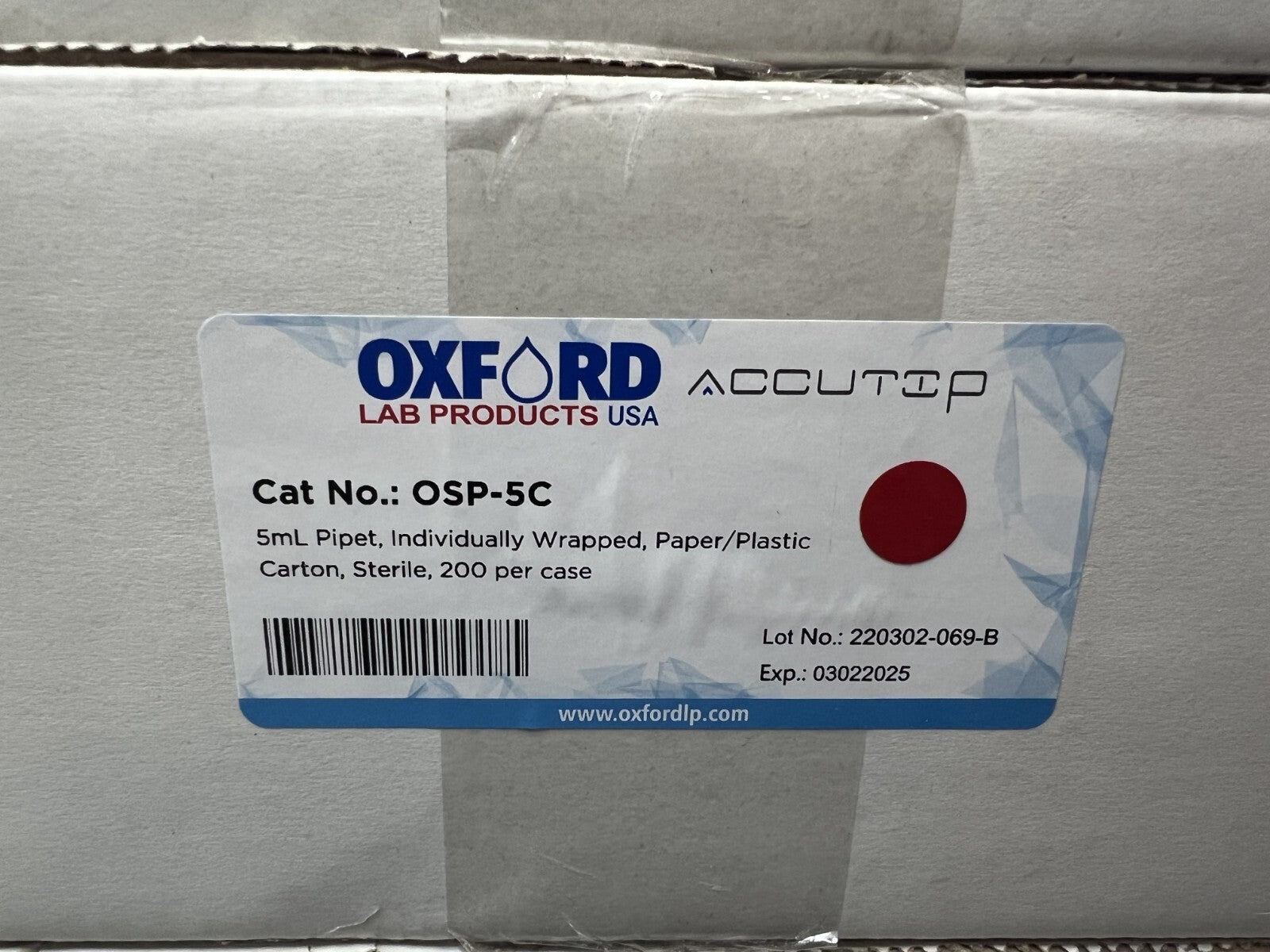 (200/Cs) OXFORD 5mL Graduated TD Serological Pipets Individual Wrap OSP-5C