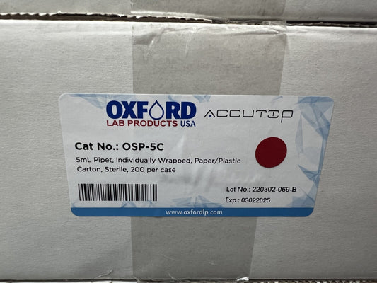 (200/Cs) OXFORD 5mL Graduated TD Serological Pipets Individual Wrap OSP-5C